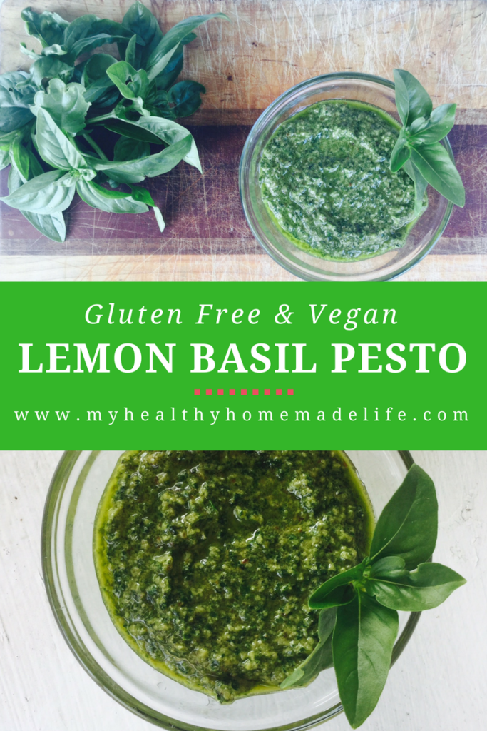 A super easy & healthy gluten free & vegan Lemon Basil Pesto. Great recipe for freezing your summer harvest! DIY | Healthy Recipes | Herbs 